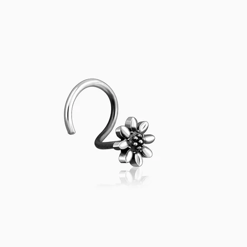 Oxidised Silver Flower Blossom Nose Pin - Image 3