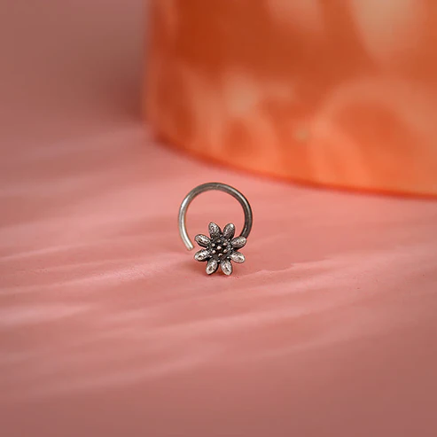 Oxidised Silver Flower Blossom Nose Pin - Image 4