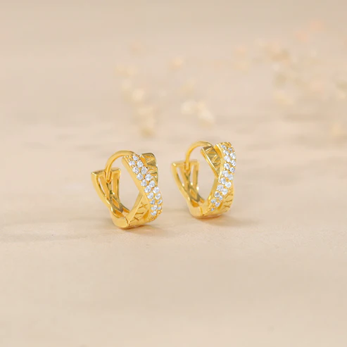 Golden Zircon Studded Twisted Huggies Earrings - Image 3