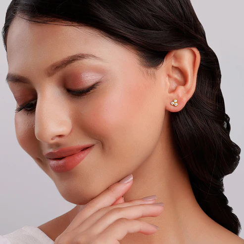 Golden Three-Stoned Stud Earrings - Image 3