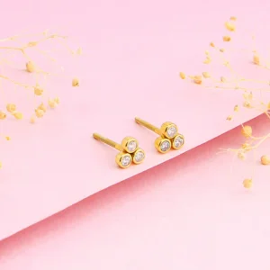 Golden Three-Stoned Stud Earrings